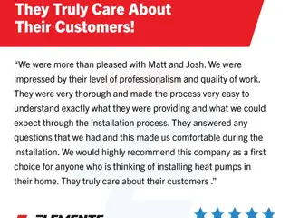 Five-star customer review praising Elements Energy Solutions installers Matt and Josh for professionalism, quality of work and clear communication during a heat pump installation.