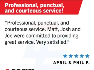 Five-star customer review of Elements Energy Solutions highlighting professional, punctual and courteous service from Matt, Josh and Joe.